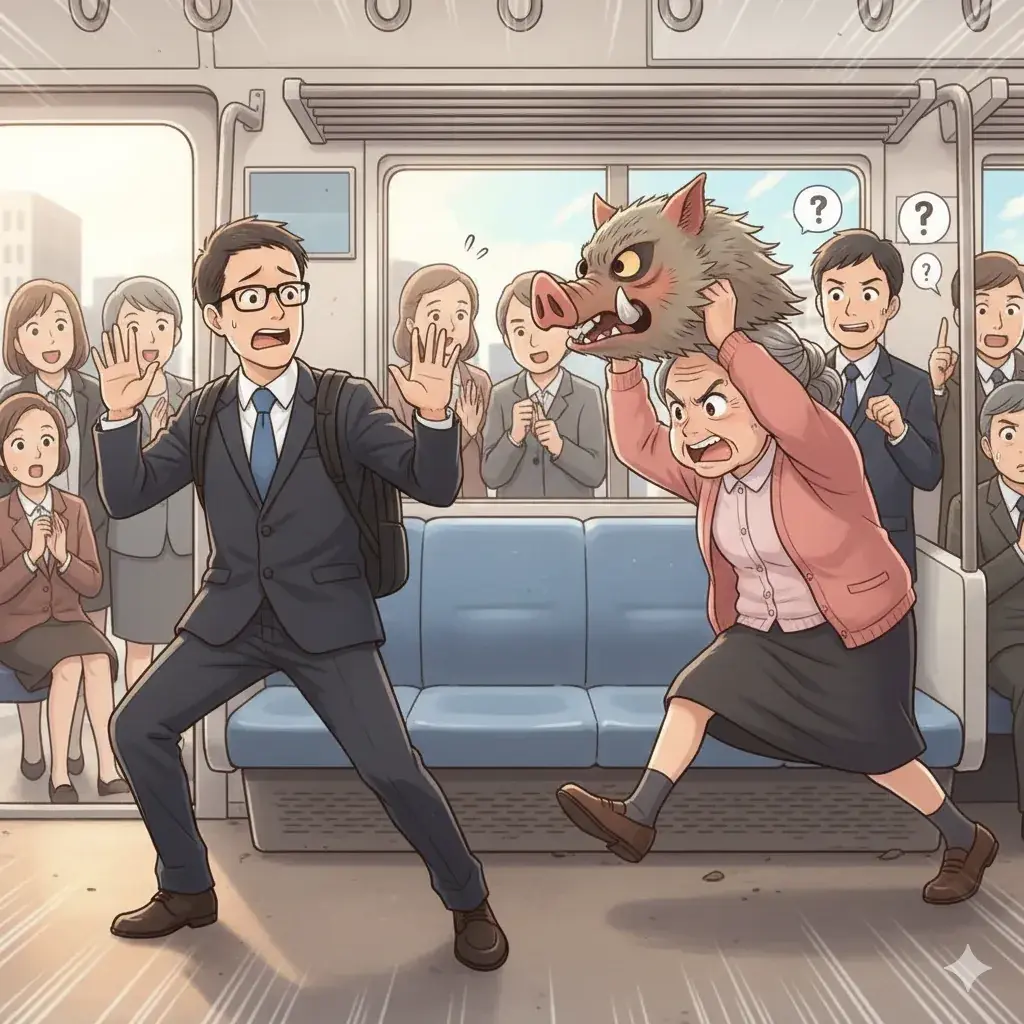 移動中の電車内、整然と並ぶ座席と日常の風景。社会的なルール（システム）と個人のバイアスが交差する車内の静かな光景。