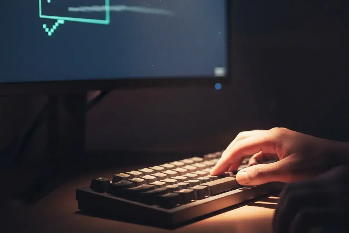 暗い部屋で、PCモニターの光に照らされながらキーボードを操作する手元。画面には表計算ソフトCalcのアイコンと、座標を操作するようなウィンドウのイメージが映し出されている。