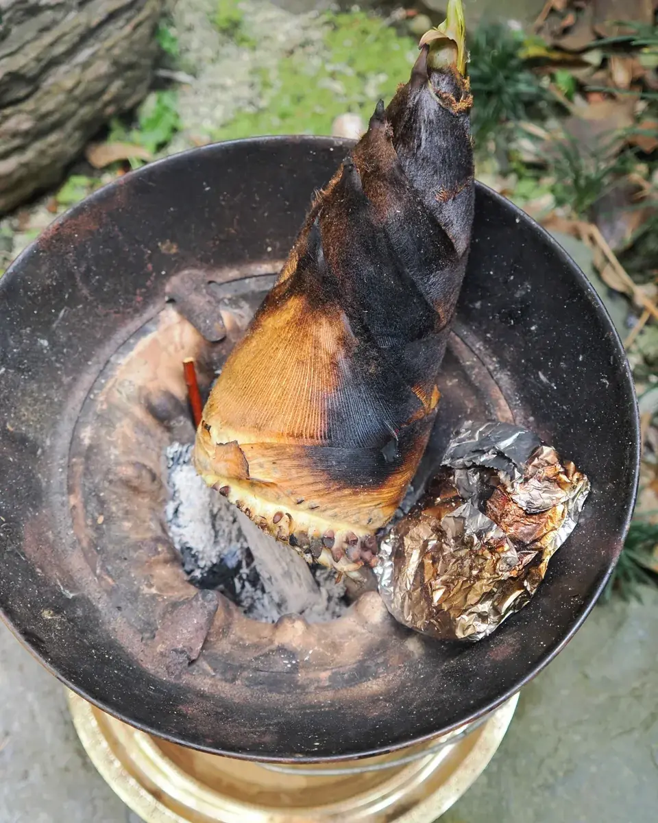 黒い七輪の上で、皮付きのまま直火で焼かれる、大きな「たけのこ（筍）」の先端。灰の上で炭が静かに燃えており、野外での調理風景。