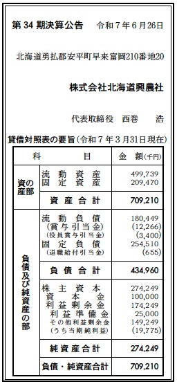 北海道興農社決算