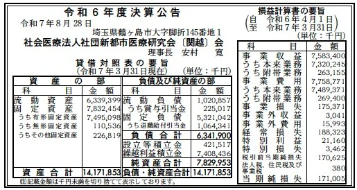 社会医療法人社団新都市医療研究会(関越)会決算