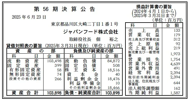 ジャパンフード決算