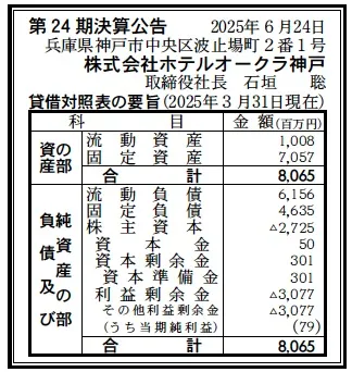 ホテルオークラ神戸決算