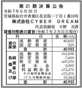6085 決算分析 : 株式会社CYBER DREAM 第21期決算 当期純利益 9百万円