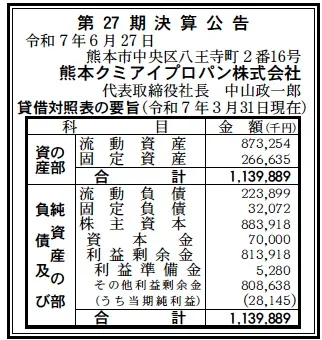 6595 決算分析 : 熊本クミアイプロパン株式会社 第27期決算 当期純利益