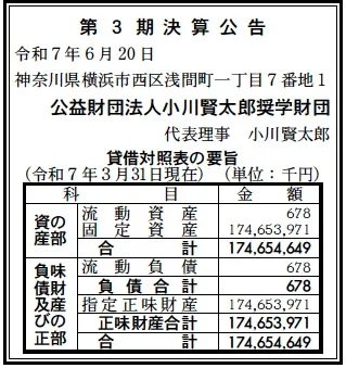 公益財団法人小川賢太郎奨学財団決算