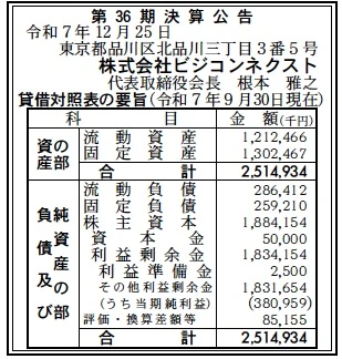 8354 決算分析 : 株式会社ビジコンネクスト 第36期決算 当期純利益 381