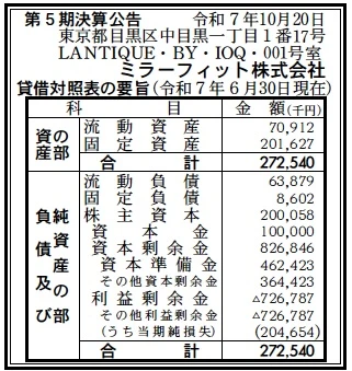 10461 決算分析 : ミラーフィット株式会社 第5期決算 当期純利益 △205