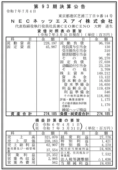 12284 決算分析 : NECネッツエスアイ株式会社 第93期決算 当期純利益