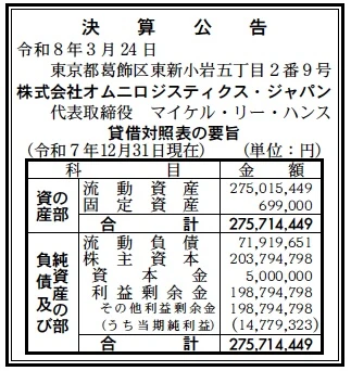 オムニロジスティクスジャパン決算