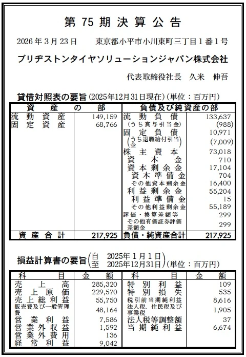 ブリヂストンタイヤソリューションジャパン決算