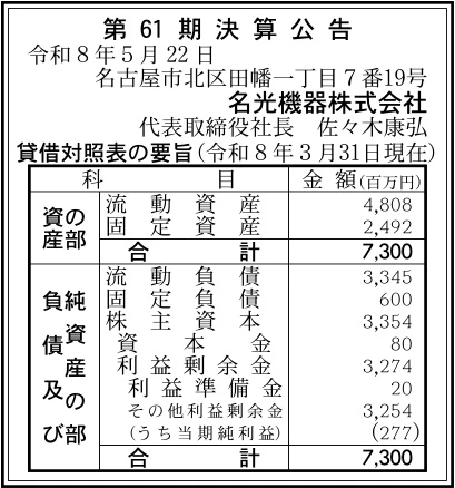 名光機器株式会社決算