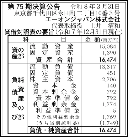 エーオンジャパン株式会社決算