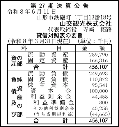 山交観光株式会社決算
