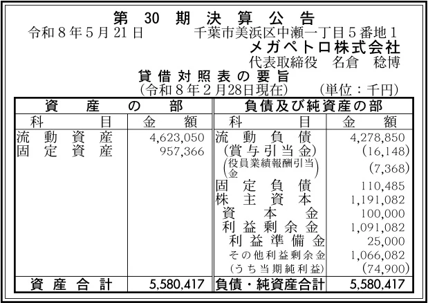メガペトロ株式会社決算