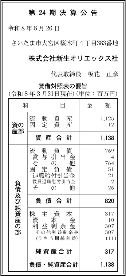 株式会社新生オリエックス社決算