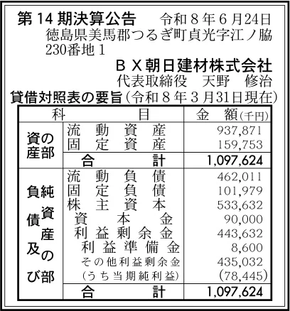 BX朝日建材株式会社決算