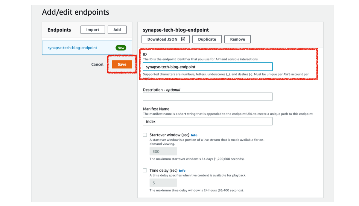 MediaPackageのEndpointの詳細を入力