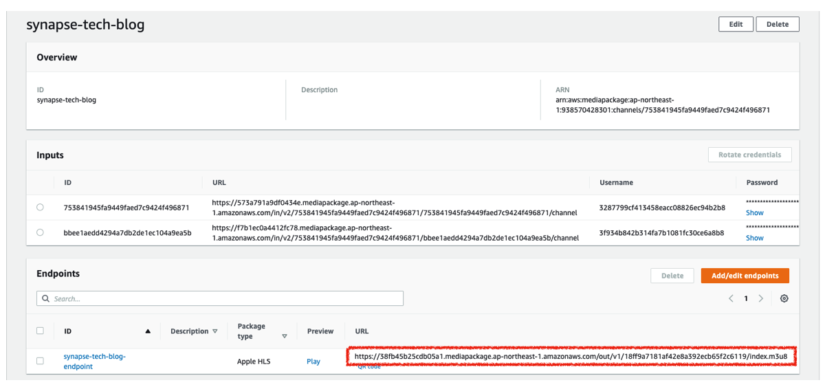 MediaPackageのEndpointのURL
