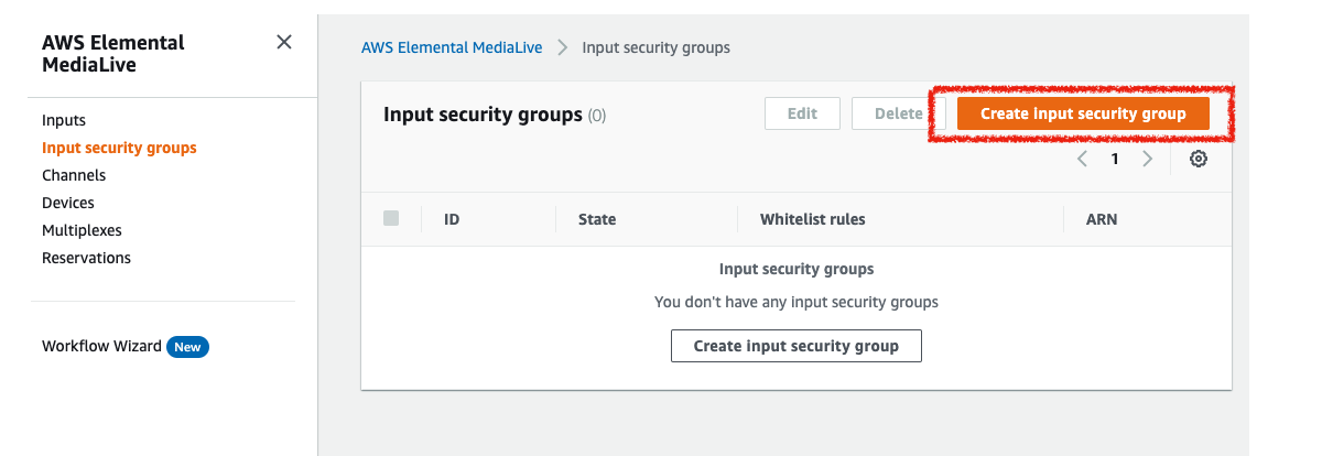 MediaLiveのInput security groupを作成