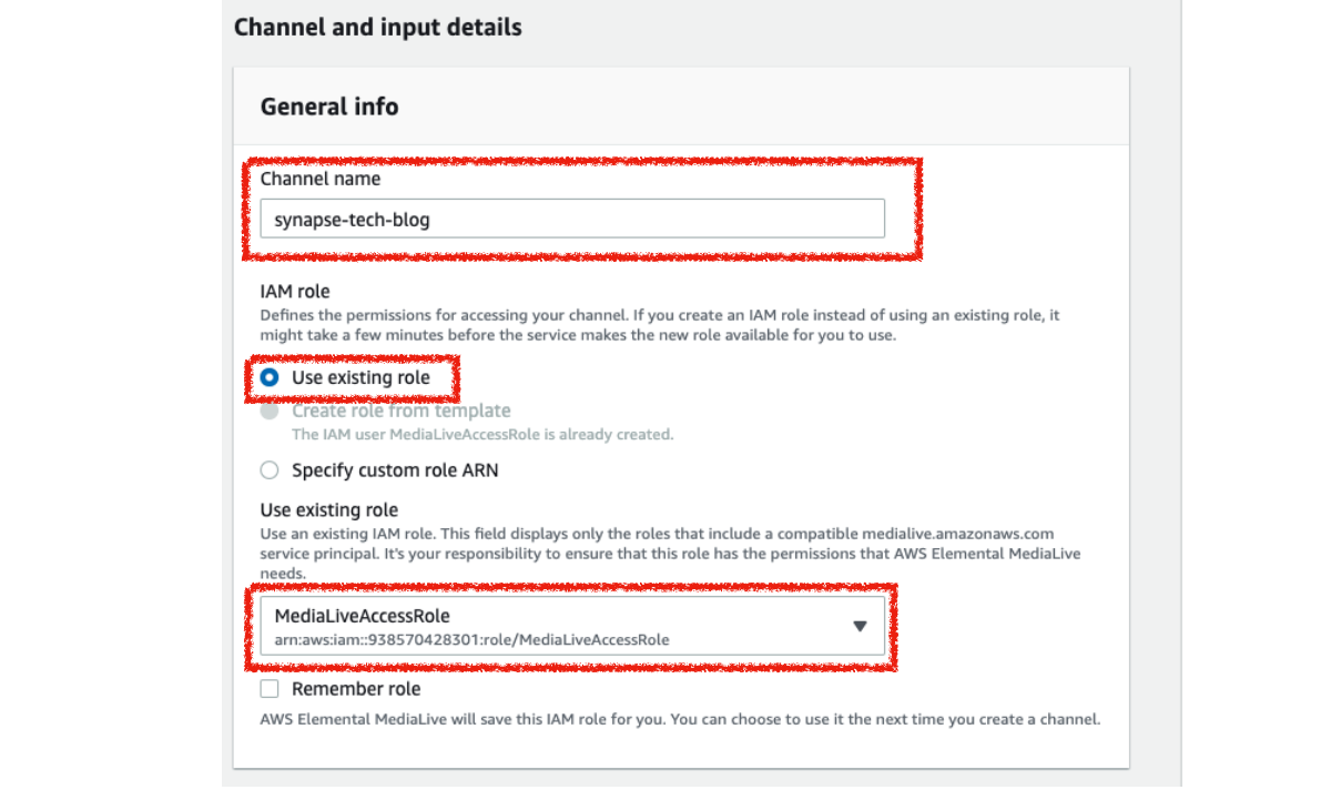 MediaLiveのChannelの詳細の入力