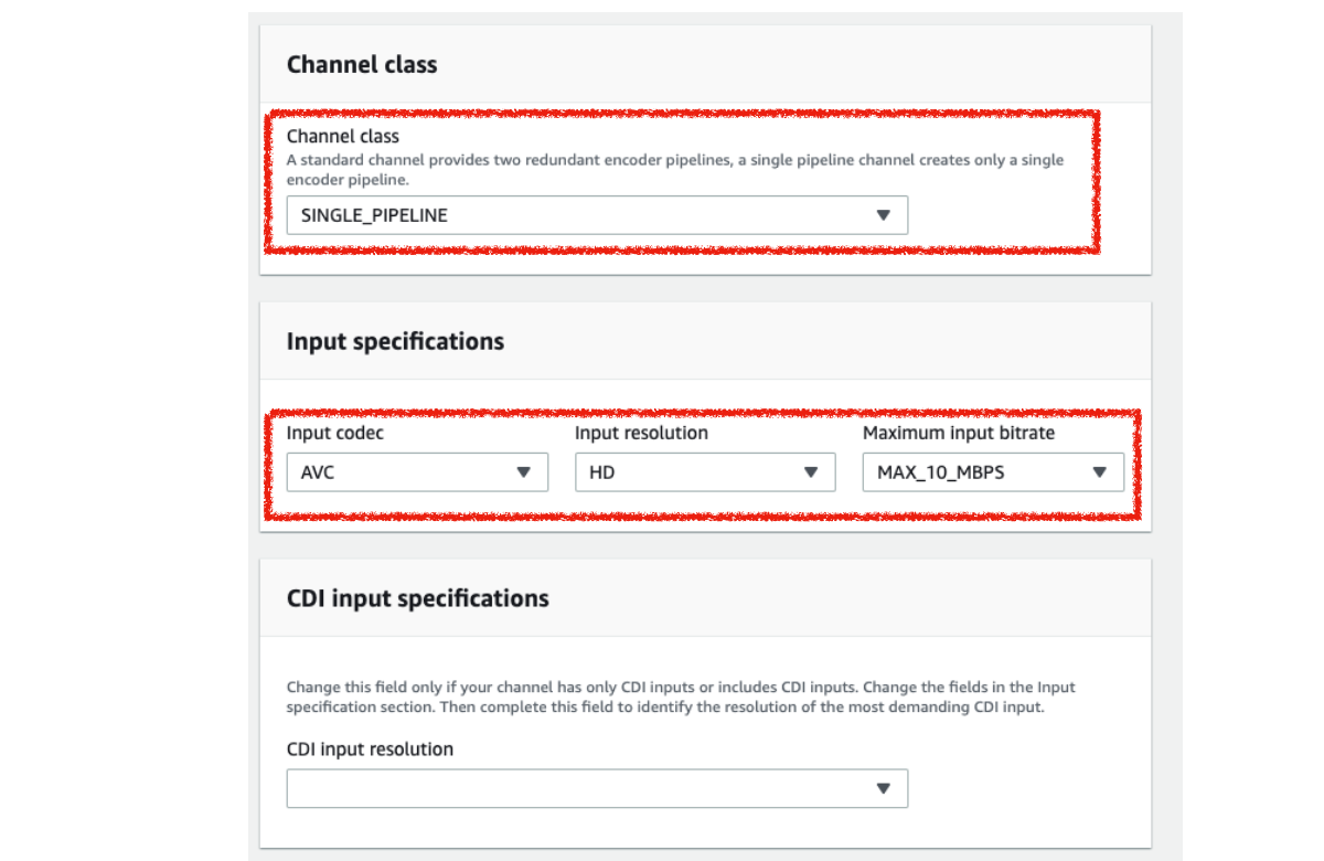 MediaLiveのChannelのChannelクラスとInput設定の入力