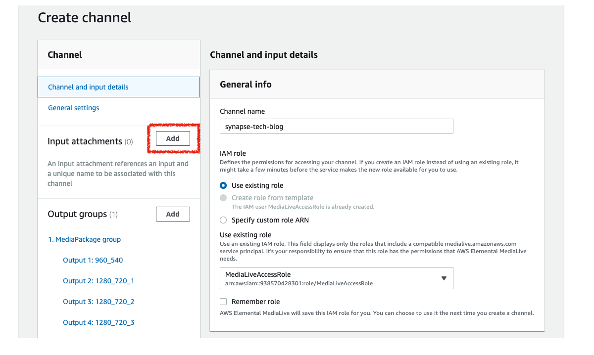 MediaLiveのChannelのInput Attachmentsの追加