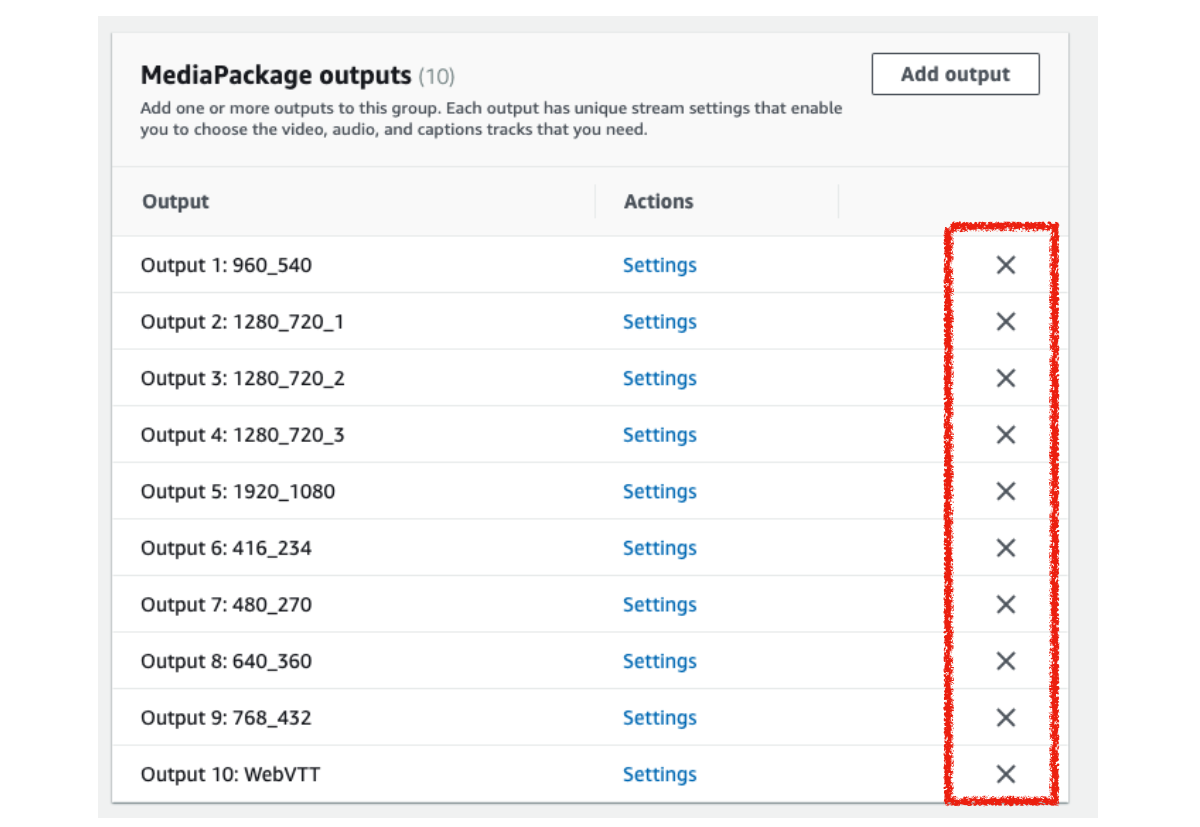 MediaLiveのChannelの出力の選択