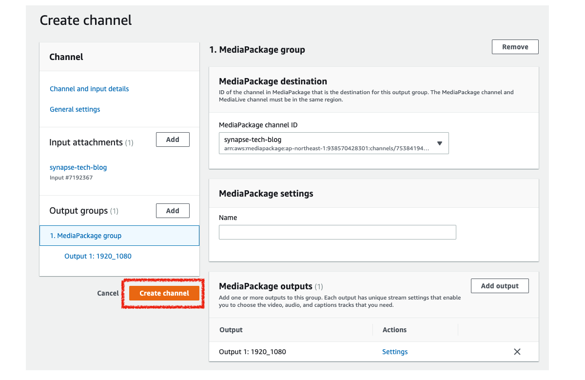 MediaLiveのChannelを作成