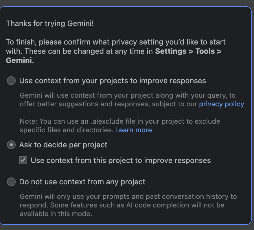 Geminiが読み込むContextの許可をするダイアログ