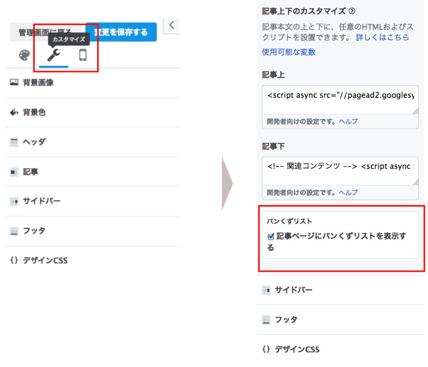 デザイン>カスタマイズ>記事から設定できます。