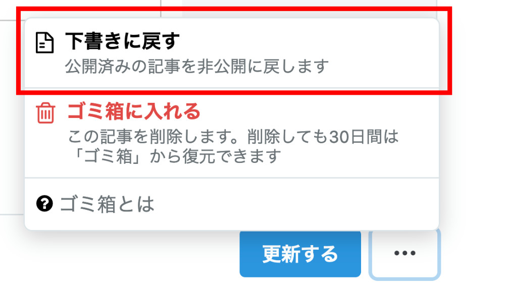 ここから、「下書きに戻す」をクリックして記事を非公開にします。