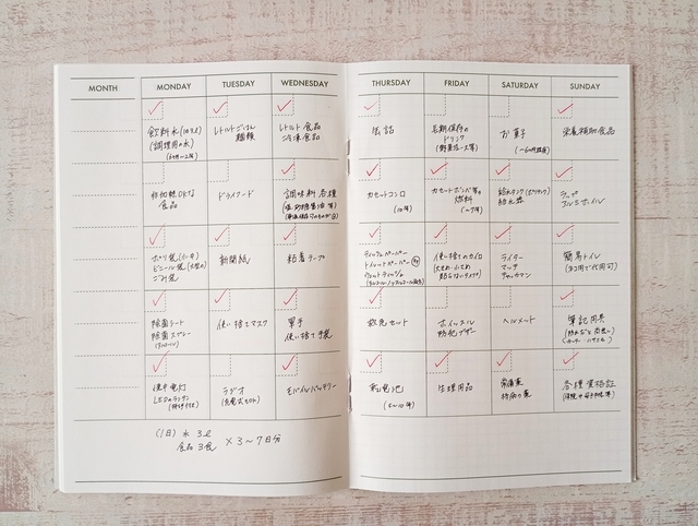 日付なし手帳　防災グッズリスト