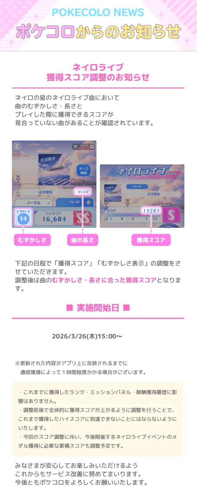 ネイロライブ獲得スコア調整のお知らせ - #ポケコロ まとめ情報