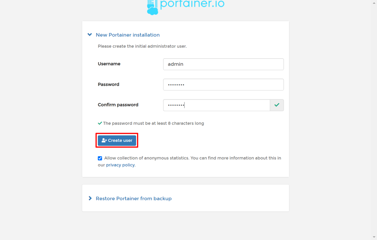パスワードを設定してユーザを作成する画像