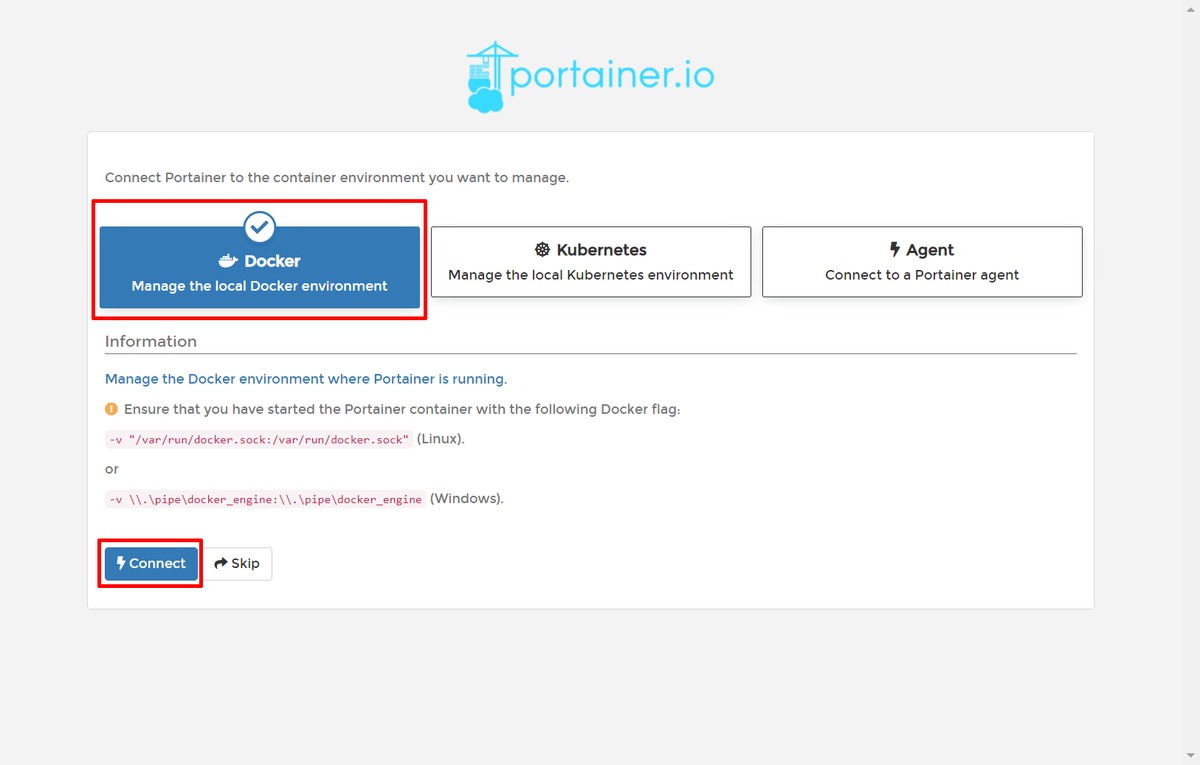 Dockerを選択し、Connectボタンをクリックする画像