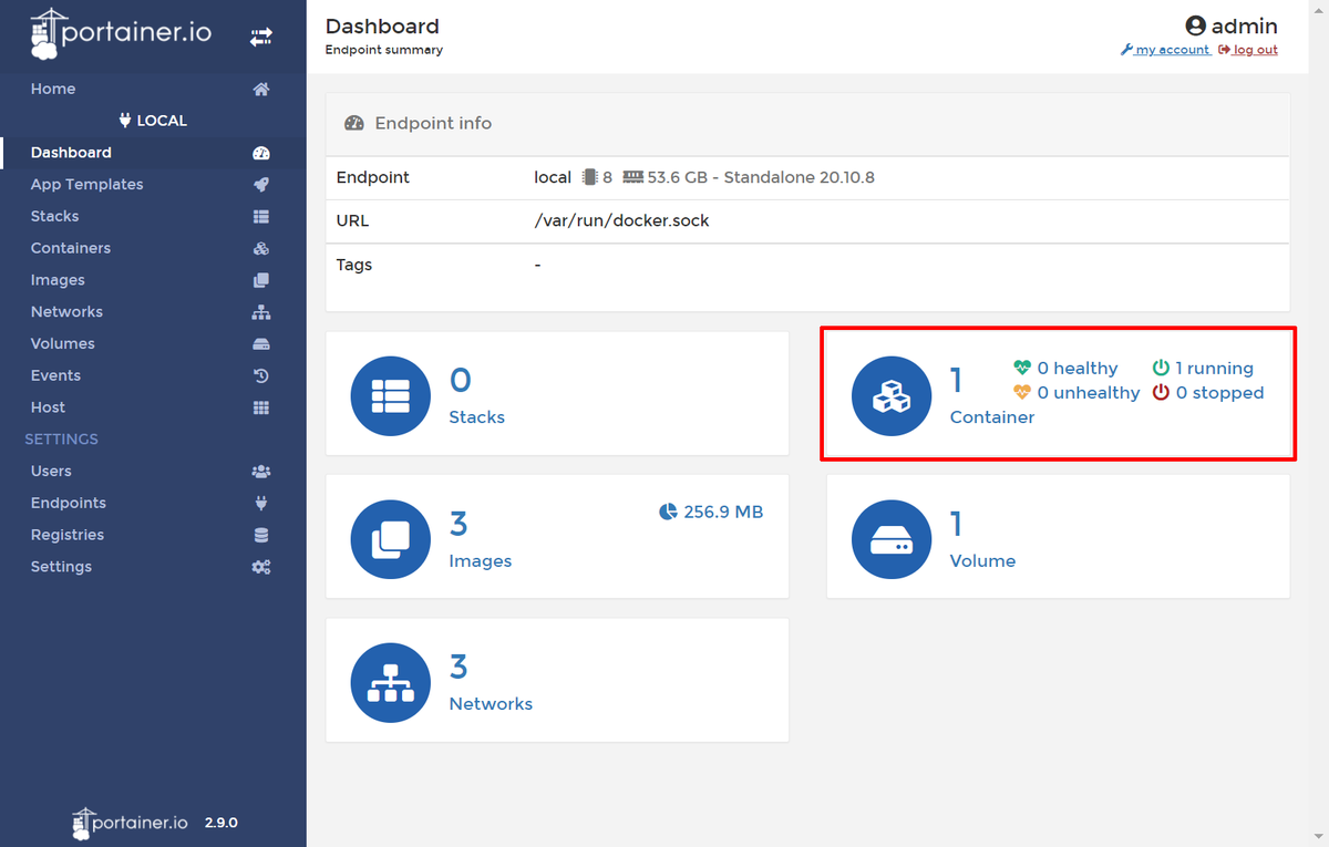 Containerを選択する画面