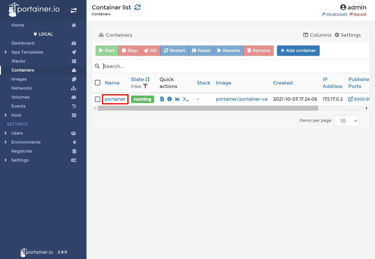 Portainerを選択する画面