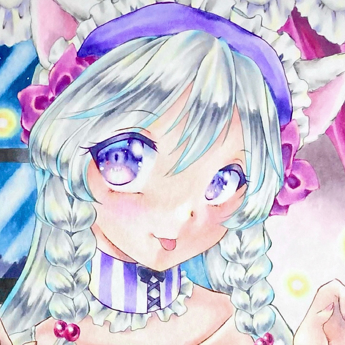 ❤︎オリジナル手描きイラスト❤︎アナログイラスト●B5● 猫耳セーラー服女の子 可愛い女の子イラスト猫耳むらさき オリジナル手描きイラスト