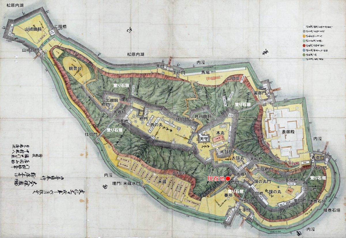 近江国彦根城縄張り図、作画者不明 江戸時代描き写す。 縄張図片手に廻る彦根城 「御城内」を廻る 天秤櫓下 埋門（米蔵水門