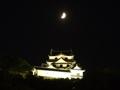 [夜景][城郭]月と彦根城天守（ライトアップ）