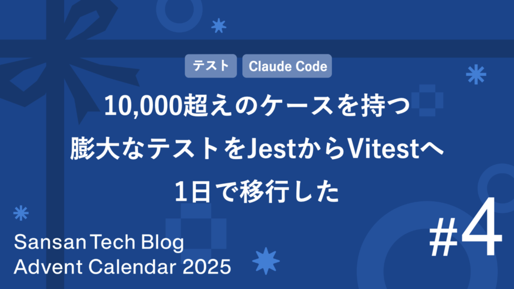Advent Calendarのサムネイル。「10,000超えのケースを持つ膨大なテストをJestからVitestへ1日で移行した」というタイトルと、その上に「テスト」「Claude Code」というタグが付与されている