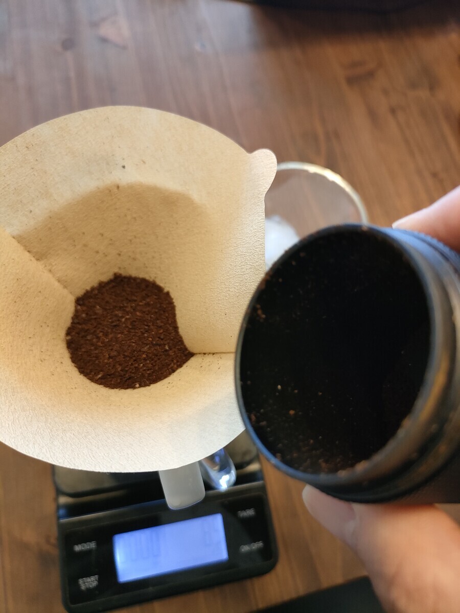コーヒーの粉をドリッパーにセットしたところ