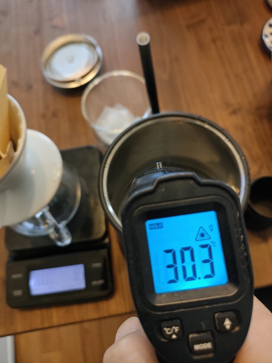 ポットの水の温度を水温計で図っていることろ。30℃の表示。