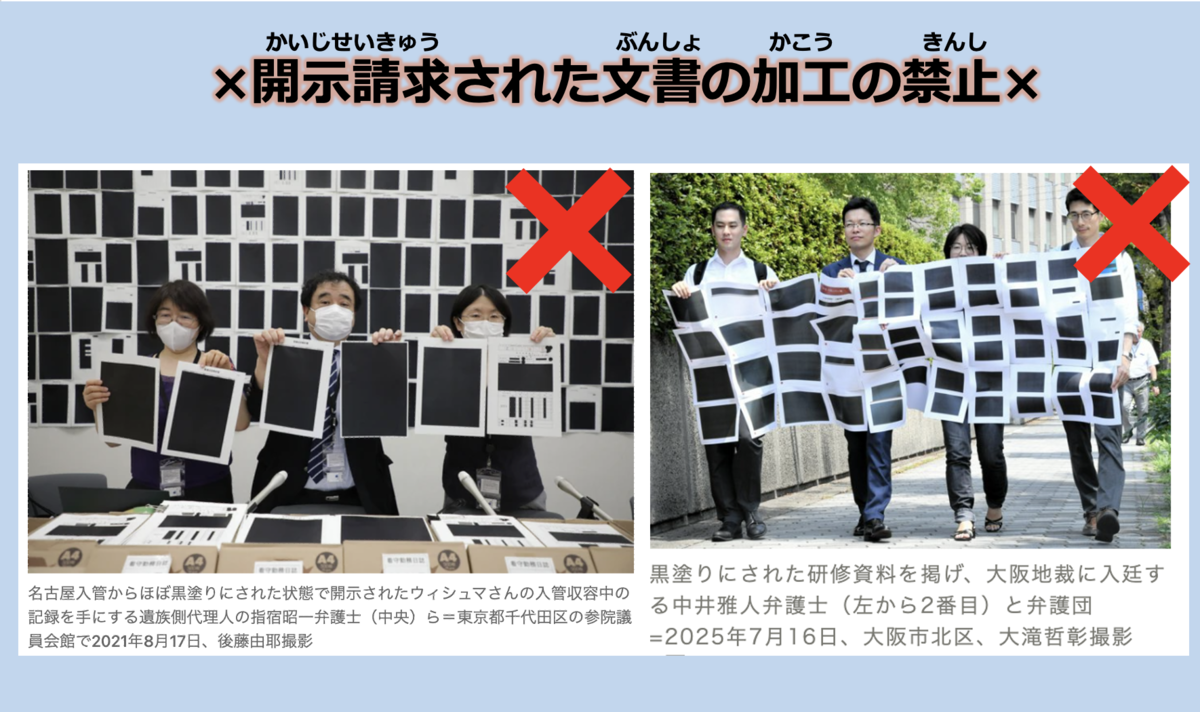 リンクを貼った２つの新聞記事に掲載されている、開示請求で入管から送られてきた全面黒塗りの文書の写真