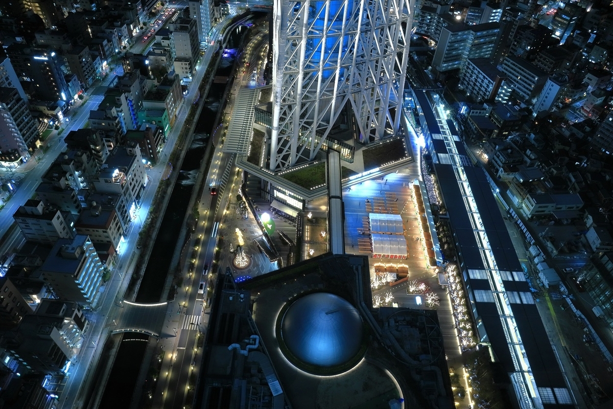 夜のソラマチを上から見下ろす