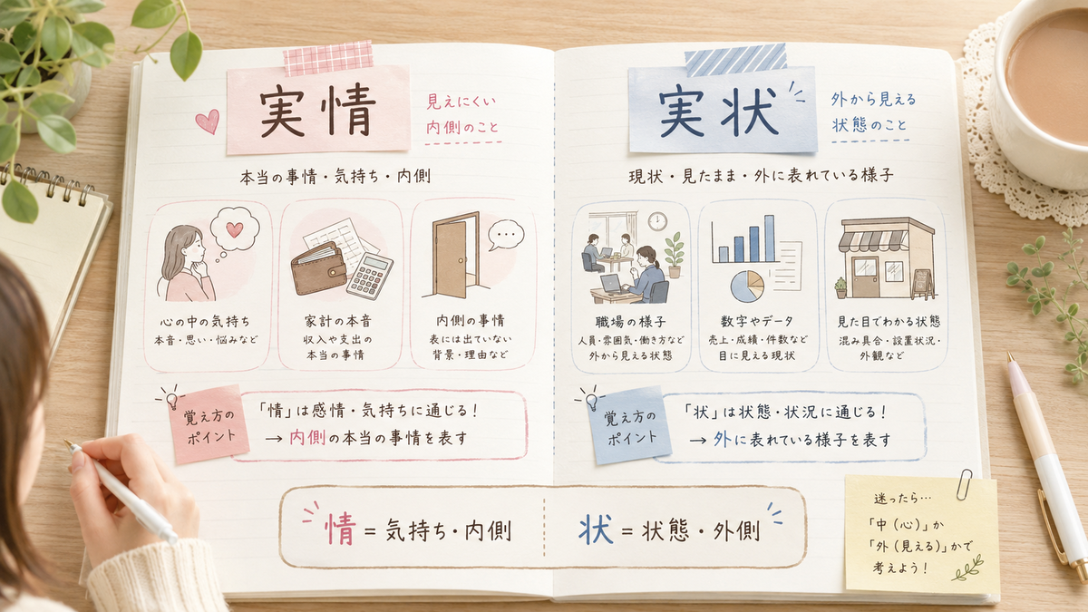 「実情」と「実状」の違いとは?意味・使い分け・例文を比較表でわかりやすく解説 - 大人のとれんでぃ