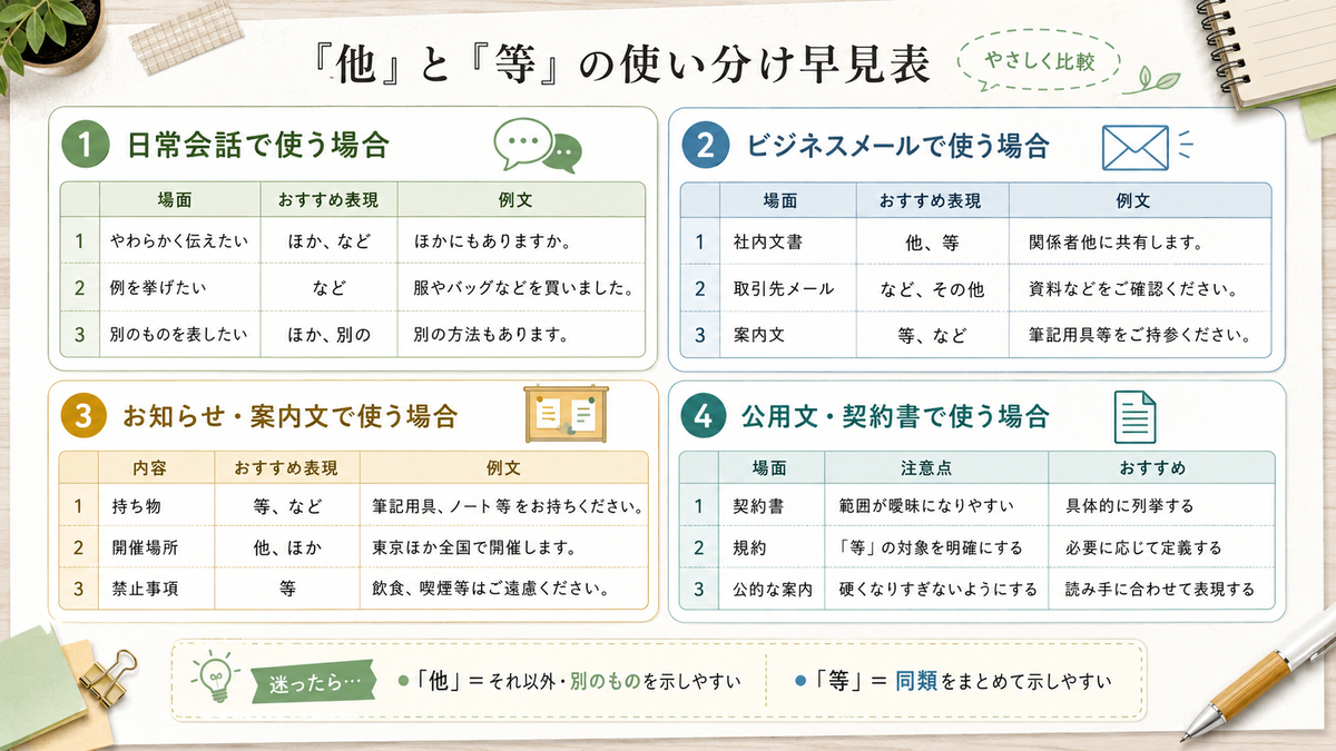 「他」と「等」の使い分け早見表