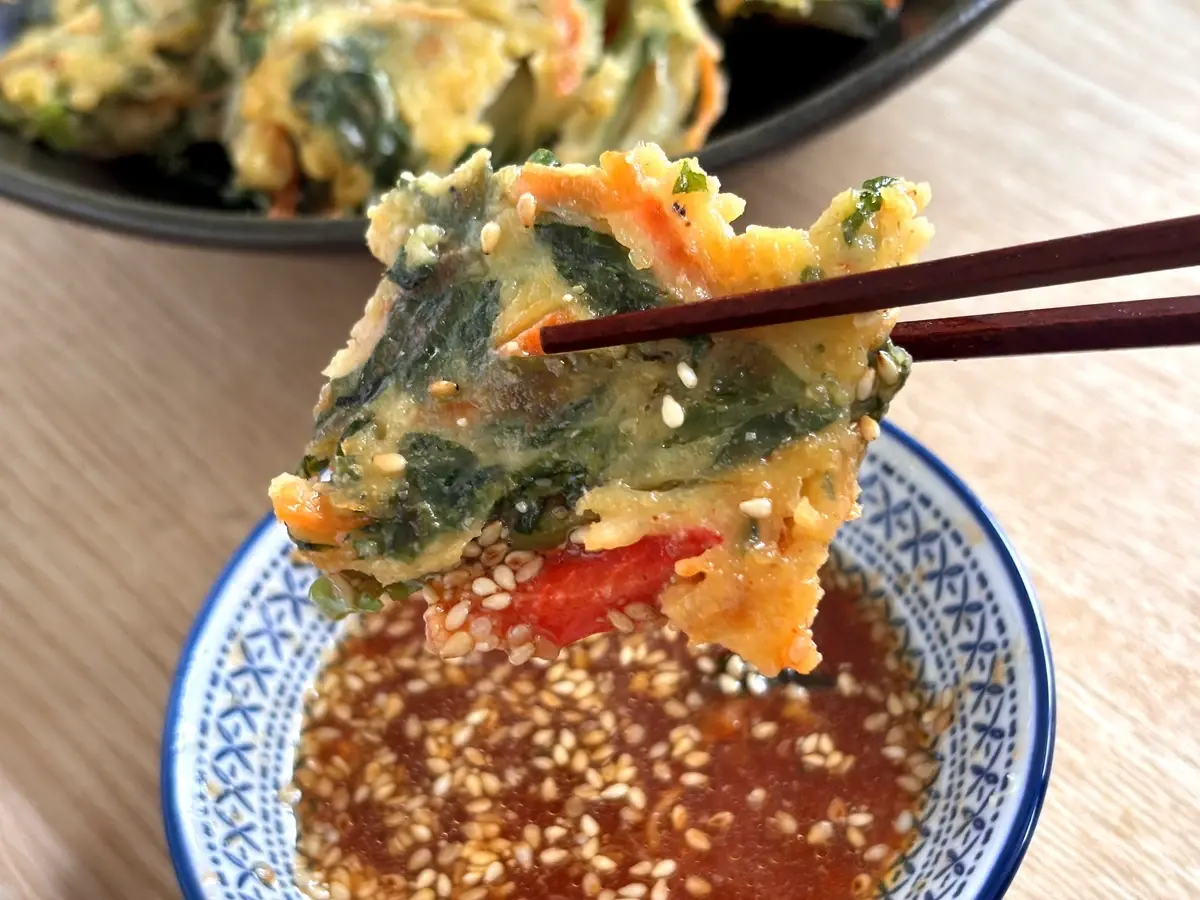 料理　レシピ　鶏むね肉と空心菜のヘルシーチヂミ　飽和脂肪酸　コレステロール対策