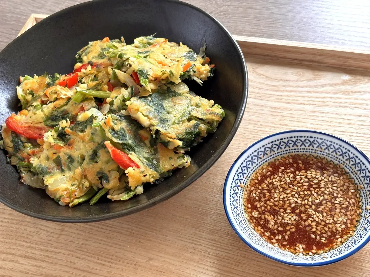 料理　レシピ　鶏むね肉と空心菜のヘルシーチヂミ　飽和脂肪酸　コレステロール対策